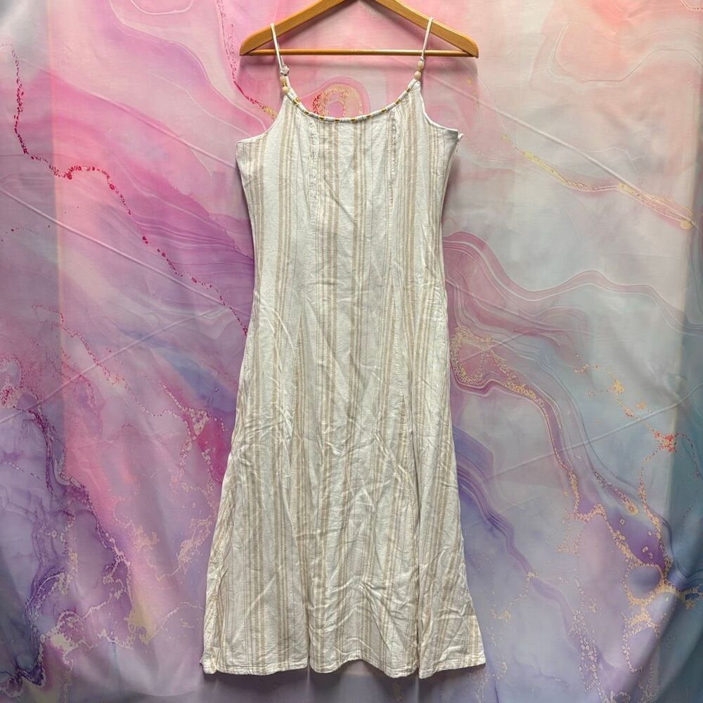 Calypso St Barth 8 Cream Tan Midi Dress Boho Coastal Linen Luxury Beach Artsy